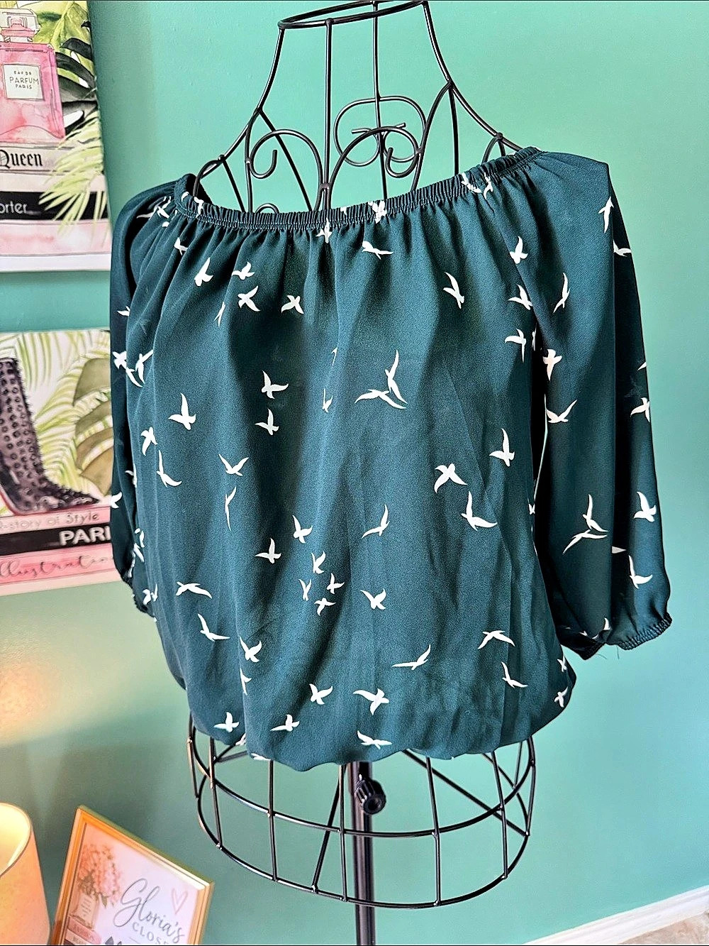 A’GACI Bird Print Off Shoulder Peasant Blouse 3/4 Sleeve